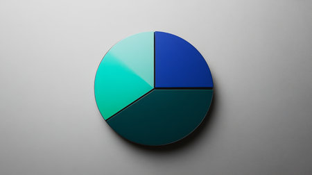 A dynamic pie chart with segmented portions in shades of blue and green, placed on a minimalist gray background, illustrating financial distributionの素材