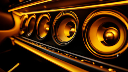 A dynamic shot of a car dashboard featuring high-quality speakers, illuminated by ambient LED lights, creating a modern and stylish interior atmosphereの素材
