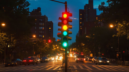 A dynamic image of a traffic light changing from red to green, capturing the moment of transition, with cars waiting at the intersection in the backgroundの素材