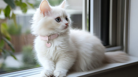 A fluffy white kitten wearing a pastel pink collar with a tiny heart charm, sitting on a windowsill and gazing outside with wide, innocent eyes.の素材