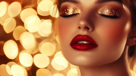 A glamorous portrait of a woman in evening makeup, featuring bold red lips and shimmering eyeshadow, set against a soft-focus backdrop of twinkling lights.の素材