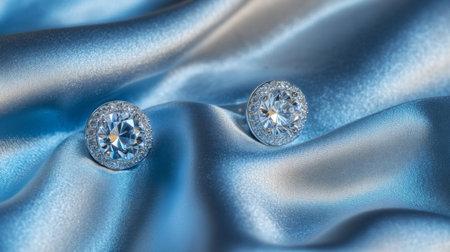 A luxurious display of diamond stud earrings set against a backdrop of soft satin fabric, highlighting the brilliance and timeless elegance of the jewelryの素材