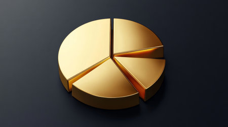 A golden pie chart with sleek metallic segments, set on a dark gradient background, representing investment proportions in goldの素材