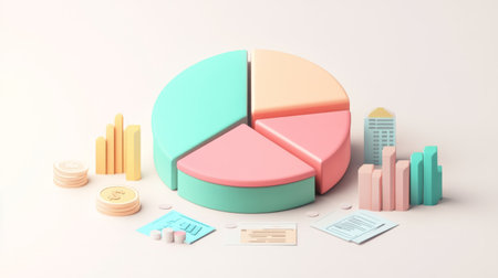 A minimalist financial pie chart with pastel-colored slices, displaying income distribution, with financial icons and subtle shadows on a light background.の素材