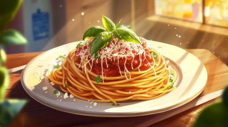 A mouthwatering plate of spaghetti topped with fresh basil and a rich marinara sauce, elegantly presented with a sprinkle of grated Parmesan cheese, inviting viewers to savor the flavors of Italy.の素材
