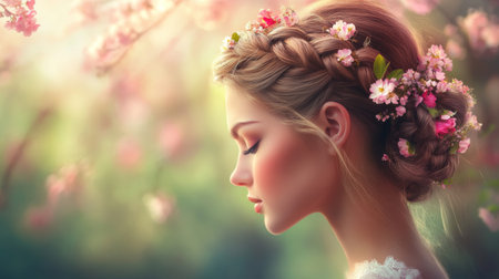 A portrait of a woman with an intricate braided updo adorned with fresh flowers, set against a blurred garden background, exuding romance and beautyの素材