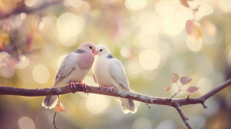 A picturesque image of a couple of doves gently preening each other on a tree branch, highlighting their affectionate behavior against a soft, blurred backgroundの素材
