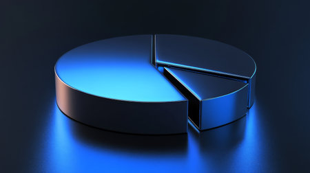 A minimalist pie chart with metallic segments in blue tones, on a reflective black background, with a subtle light effect to add depthの素材