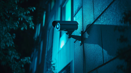 A powerful image of a CCTV camera installed on a city building, with night lights illuminating the surroundings, showcasing urban surveillance after darkの素材