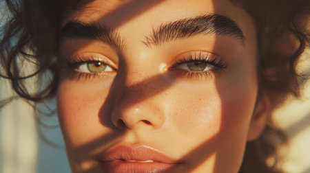 A natural beauty shot focusing on thick, bushy eyebrows on a young womans face, emphasizing the trend of full, untrimmed brows with soft natural lighting.の素材