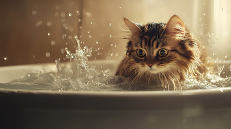 A playful image of a fluffy cat cautiously stepping into a bathtub filled with warm water, with splashes around, capturing the curiosity and hesitation of pets during bath time.の素材