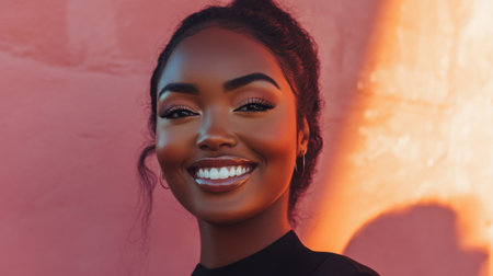 A portrait of a smiling woman with expertly blended eyeshadow and perfectly defined eyebrows, set against a chic urban backdrop that complements her stylish look.の素材