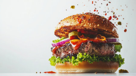 A mouthwatering image of a gourmet steak sandwich, overflowing with fresh ingredients and sauces, set against a bright white background to highlight its deliciousness.の素材