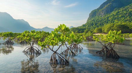 A serene coastal view of mangrove trees standing tall in shallow water, with a backdrop of distant hills and a clear blue sky, showcasing nature's beautyの素材