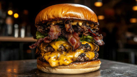 A rich close-up of a bacon cheeseburger stacked high with melted cheese and fresh toppings, capturing the mouthwatering layers and textures of the mealの素材