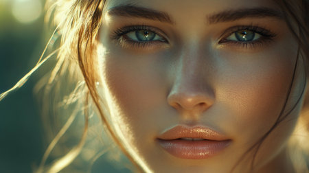 A serene womans face with flawless skin and a peaceful expression, her soft makeup highlighting her natural beauty, set against a blurred background.の素材