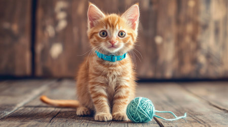 A playful ginger kitten wearing a bright blue collar, sitting on a wooden floor, with a ball of yarn tangled around its paws, looking mischievous and cute.の素材