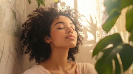 A serene image of a woman with a natural makeup look, featuring soft blush and light eyeliner, enjoying a moment of self-care in a cozy, well-lit bathroom.の素材