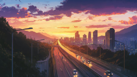 A scenic view of an expressway at dusk, with the last rays of sunlight illuminating the road and distant buildings, creating a peaceful yet vibrant atmosphere for evening travelers.の素材