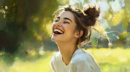 A playful portrait of a woman with a messy bun and a few loose strands, laughing and enjoying a sunny day at the park, embodying a carefree and natural beauty.の素材