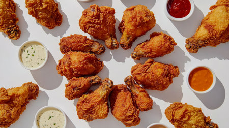 A playful composition of fried chicken arranged in a circular pattern on a white background, with dipping sauces placed artistically around the dishの素材
