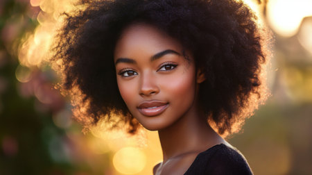 A portrait of a woman with glowing skin and defined facial features, her natural beauty highlighted by minimal makeup and a soft, blurred background.の素材