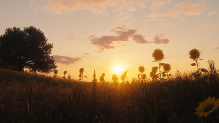 A serene sunset over a sunflower field, with golden rays casting a warm glow on the blooms and creating a beautiful silhouette against the skyの素材