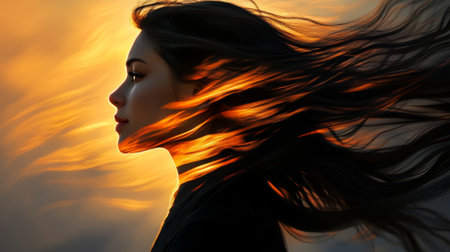 A profile shot of a woman with long hair flowing in the wind, her face illuminated by the golden light of sunset, creating a dreamy and ethereal effectの素材