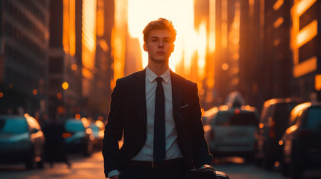 A portrait of a young man in business attire, holding a briefcase and standing confidently on a busy city street, embodying ambition and professionalismの素材