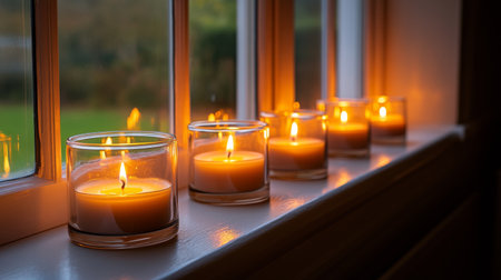 A row of scented candles in glass jars lined up on a windowsill, with soft sunlight streaming in and reflecting off the jarsの素材
