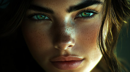 A portrait shot highlighting a woman's stunning green eyes, her gaze focused in the distance with a natural expression, surrounded by soft lighting.の素材