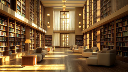 A serene library interior filled with rows of bookshelves, cozy seating areas, and soft lighting, providing a tranquil environment for study and reflection.の素材