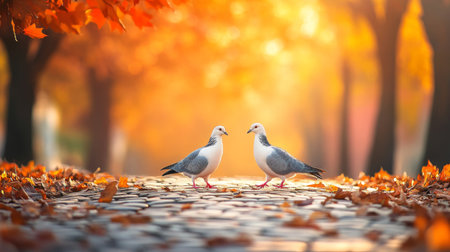 A serene image of a pair of doves walking together on a cobblestone path, with fallen leaves around them, showcasing a peaceful autumn sceneの素材