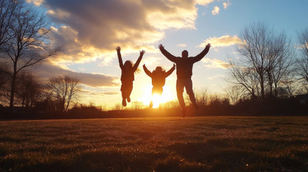 A playful silhouette of a family jumping together in a park, with the sun setting behind them, illustrating the joy and freedom of spending time outdoors.の素材
