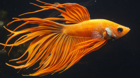 A Siamese fighting fish with long, flowing fins in shades of orange and yellow, swimming against a dark background, creating a dramatic contrastの素材