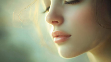 A serene womans face with flawless skin and a peaceful expression, her soft makeup highlighting her natural beauty, set against a blurred background.の素材