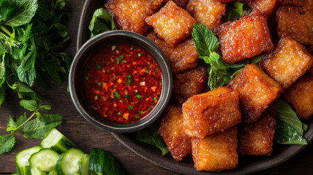 A serene table setting featuring a platter of fried pork belly, accompanied by a small bowl of spicy dipping sauce and fresh vegetables, inviting a delicious mealの素材
