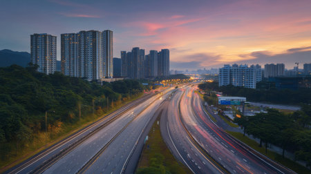A scenic view of an expressway at dusk, with the last rays of sunlight illuminating the road and distant buildings, creating a peaceful yet vibrant atmosphere for evening travelers.の素材