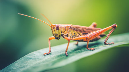 A serene shot of a leaf with a grasshopper camouflaged among its veins, emphasizing the insect's natural habitat and the beauty of its surroundingsの素材