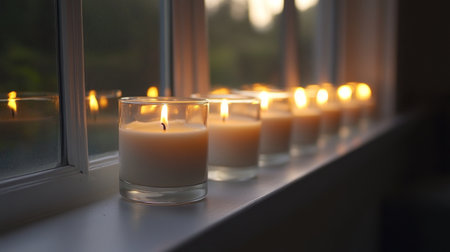 A row of scented candles in glass jars lined up on a windowsill, with soft sunlight streaming in and reflecting off the jarsの素材