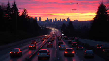 A serene sunset scene captured from an expressway overpass, with silhouettes of cars and the skyline in the background, creating a tranquil moment amidst the busy city.の素材