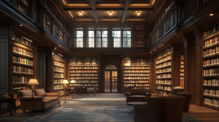 A serene library interior filled with rows of bookshelves, cozy seating areas, and soft lighting, providing a tranquil environment for study and reflection.の素材