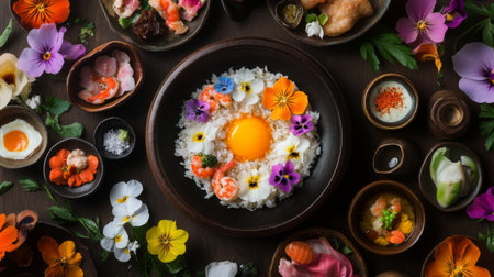 A picturesque view of shrimp fried rice arranged with colorful edible flowers, showcasing an artistic presentation that enhances its visual appealの素材