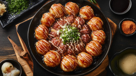 A rustic setting featuring a skillet of freshly cooked takoyaki, surrounded by ingredients like octopus, batter, and sauce, emphasizing the cooking processの素材