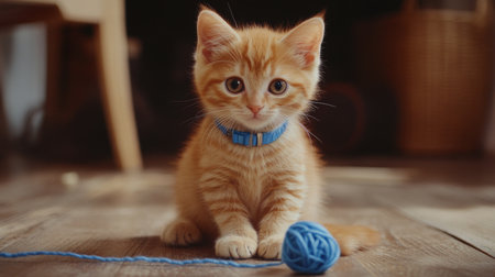 A playful ginger kitten wearing a bright blue collar, sitting on a wooden floor, with a ball of yarn tangled around its paws, looking mischievous and cute.の素材