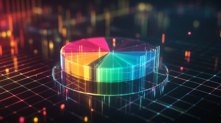 A transparent D pie chart with sleek, colorful sections rising from a reflective platform, showcasing business data against a dark backdrop with a glowing grid.の素材
