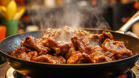 A sizzling skillet of fried pork ribs being served directly from the pan, with steam rising and a vibrant kitchen backdrop, highlighting the delicious preparation process.の素材