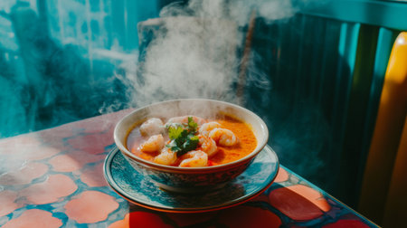 A steaming hot bowl of shrimp soup with bright red chili, green cilantro, and fresh shrimp, elegantly presented on a colorful table settingの素材