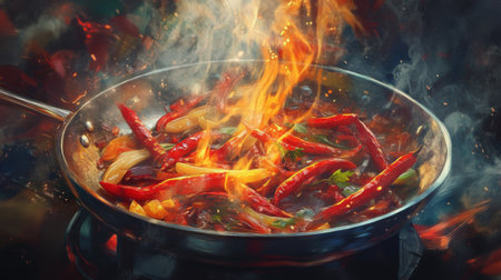 A sizzling skillet filled with stir-fried vegetables and red chilies, steam rising as the vibrant colors blend together, capturing the essence of a delicious meal preparation.の素材