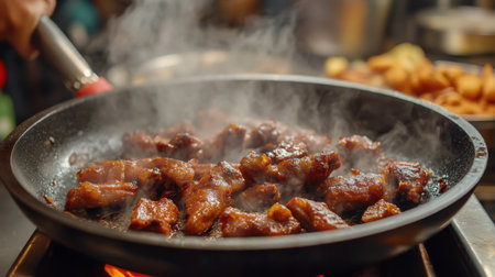 A sizzling skillet of fried pork ribs being served directly from the pan, with steam rising and a vibrant kitchen backdrop, highlighting the delicious preparation process.の素材